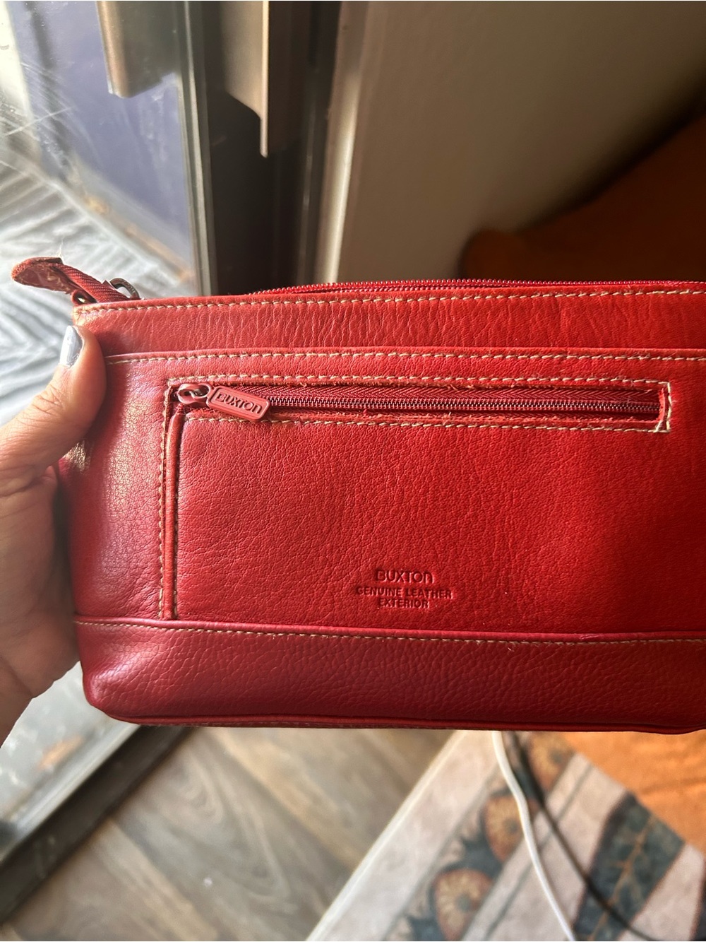 Buxton Red Leather Wristlet with Front Zip Pocket